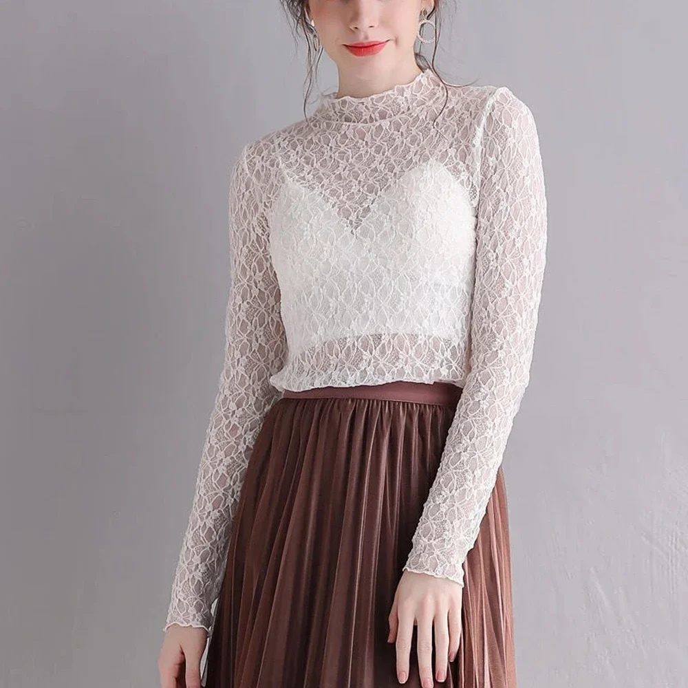 Women Elastic See Through Lace T Shirt Black White Color Stretch Shirt O-Neck Long Sleeve Women S-XL Top Fashion Ladies Blouses