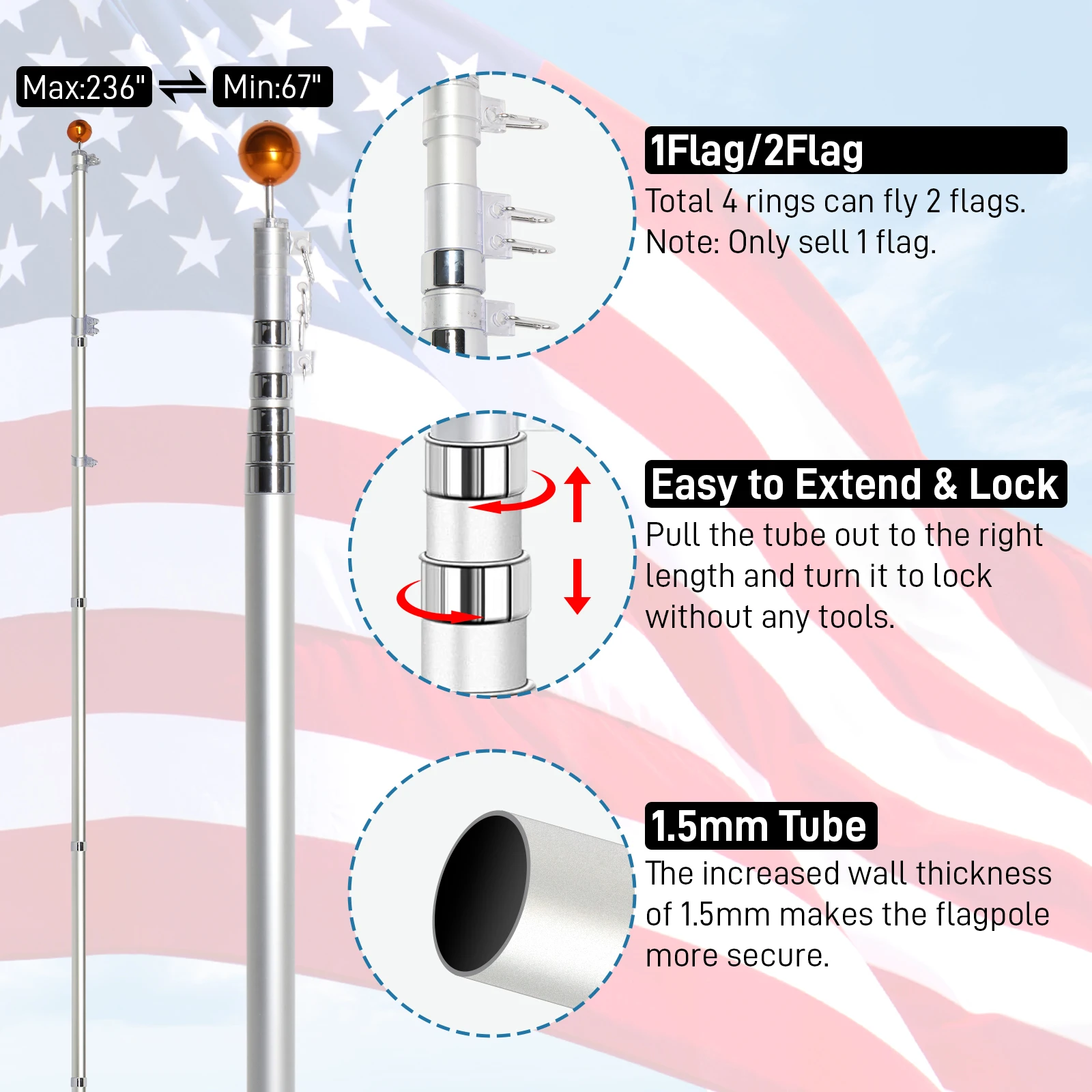 6*6*600cm 20FT silver flagpole Aluminum alloy telescopic flagpole