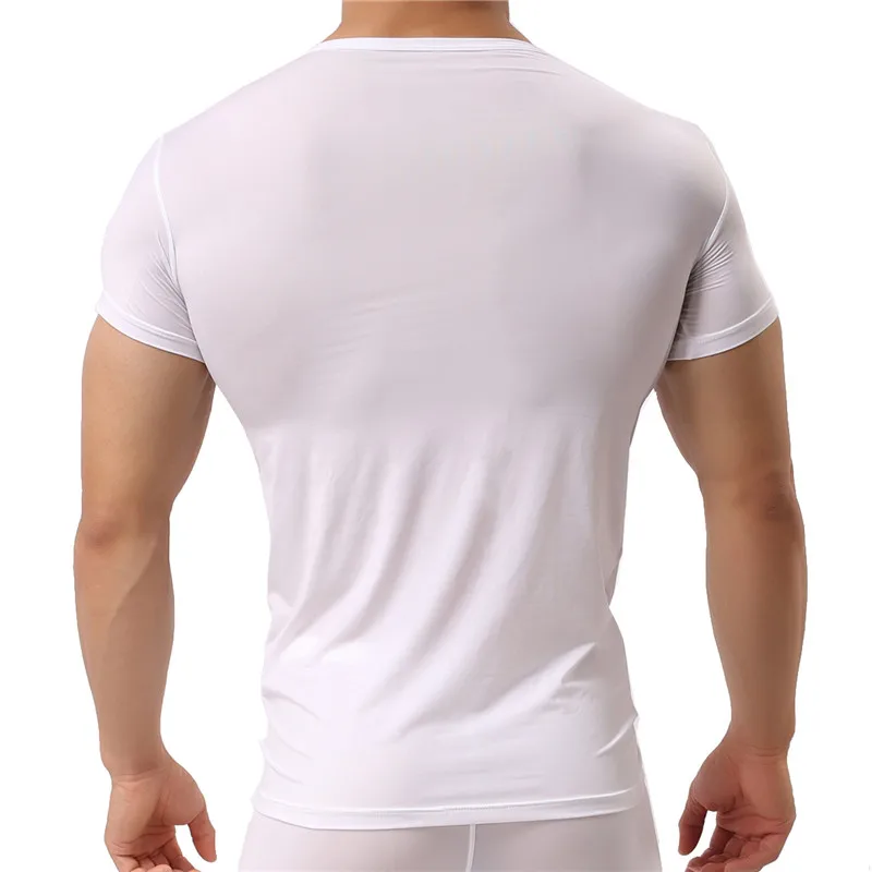 Sexy Mens Undershirts Ice Silk Soft T Shirts Male Short Sleeve Basic T-shirts Fitness Sport Tops Home Underwear Sexy Men Clothes