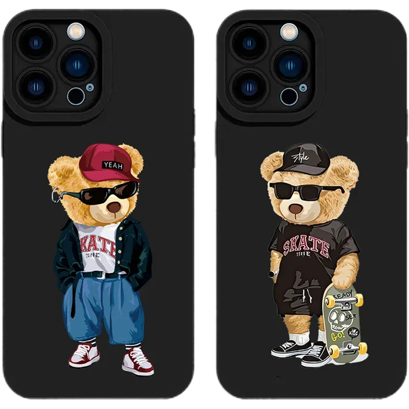 Teddy Bear Couple Cartoon Soft Silicone Phone Case For iPhone 11 12 13 14 15 Pro Max X XS Max XR Mini 7 8 Plus Black Case