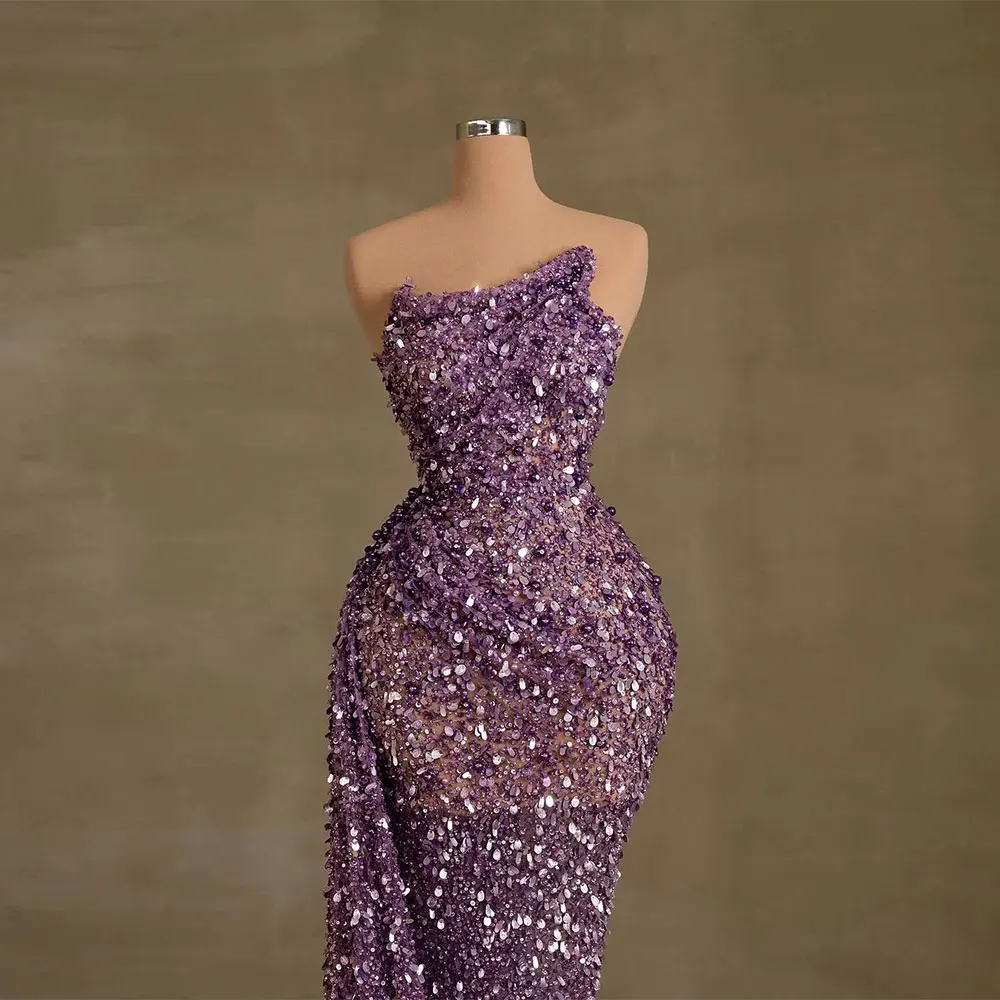 Simple Sequin Mermaid Evening Dresses Strapless Alien Collar Sexy Formal Party Gown With Detachable Train Special Occasion Dress