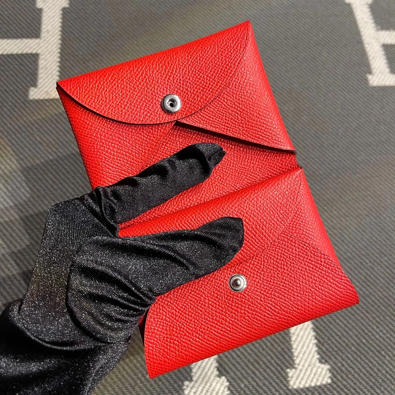 Red Leather Key Coin Document Wallet Button Clasp Practical Cowhide Functional Small Bag for Men And Women Short Wallet