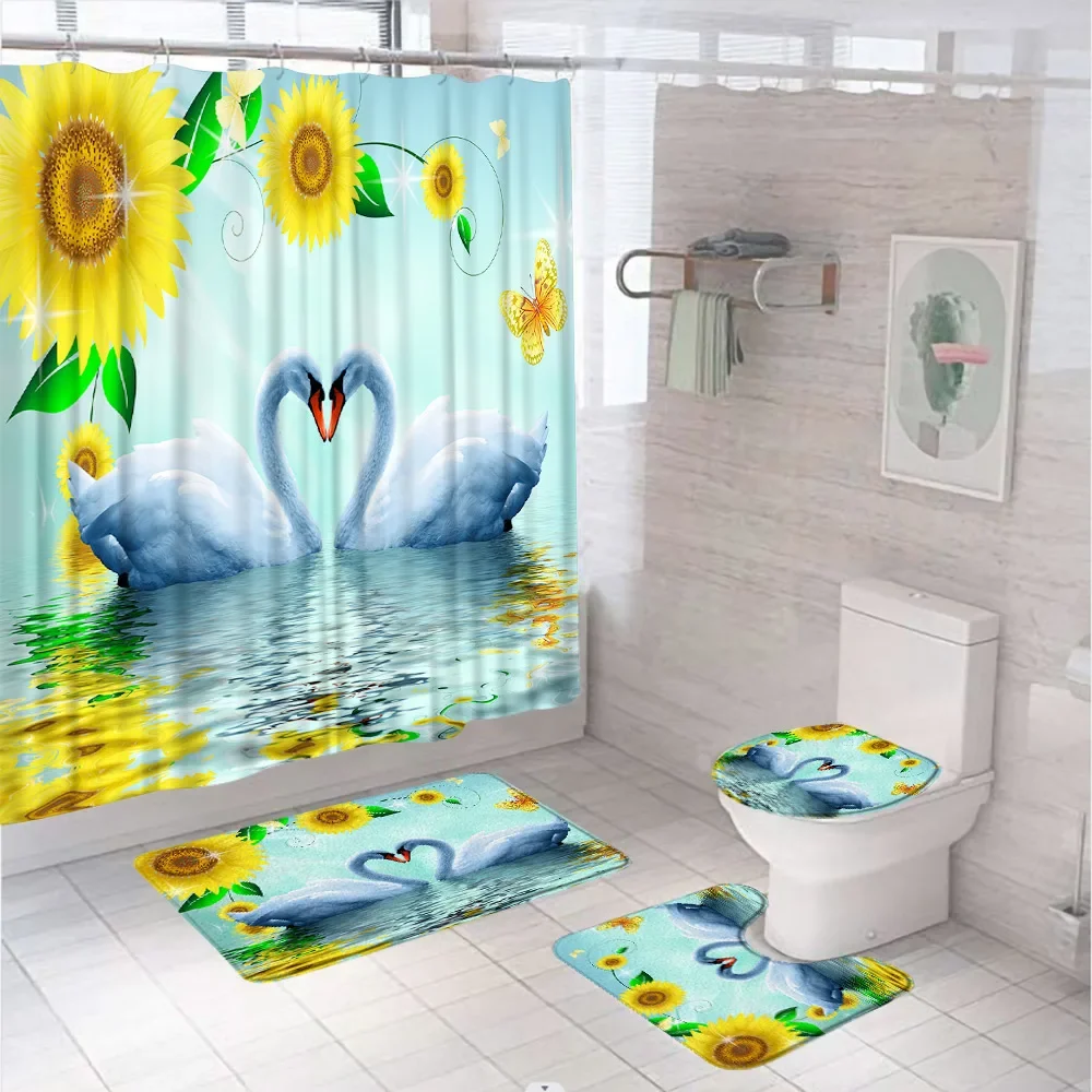 White Swans Couple Heart Shower Curtain Set Non-Slip Rug Toilet Cover Bath Mat Love Animal Sunflower Butterfly Bathroom Curtains