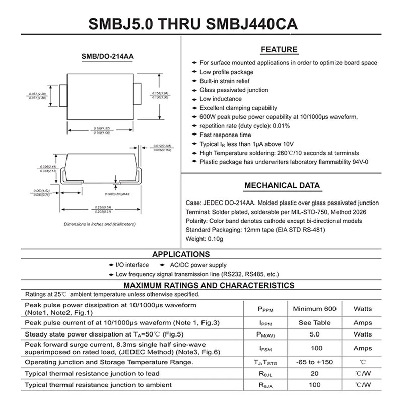 50Pcs SMD TVS Diodes SMBJ26A SMBJ28A SMBJ30CA SMBJ33CA SMBJ36CA SMBJ40CA SMBJ43CA SMBJ45A SMBJ48CA SMBJ51A 600W 5V-440V SMB