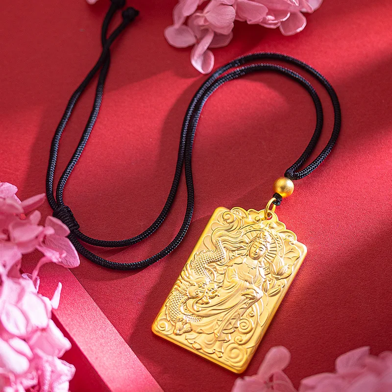 Guanyin Royal Dragon Solid Square Brand Buddhist Heart Sutra Guanyin Bodhisattva Pendant Men's Copper 18K Gold Plated Aggressive