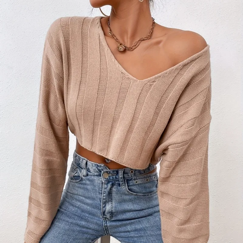 New Sexy Short Tops V-Neck Midriff-baring Sweaters Autumn Long Sleeve Women Pullovers Casual Loose Solid Knit Clothes 28489