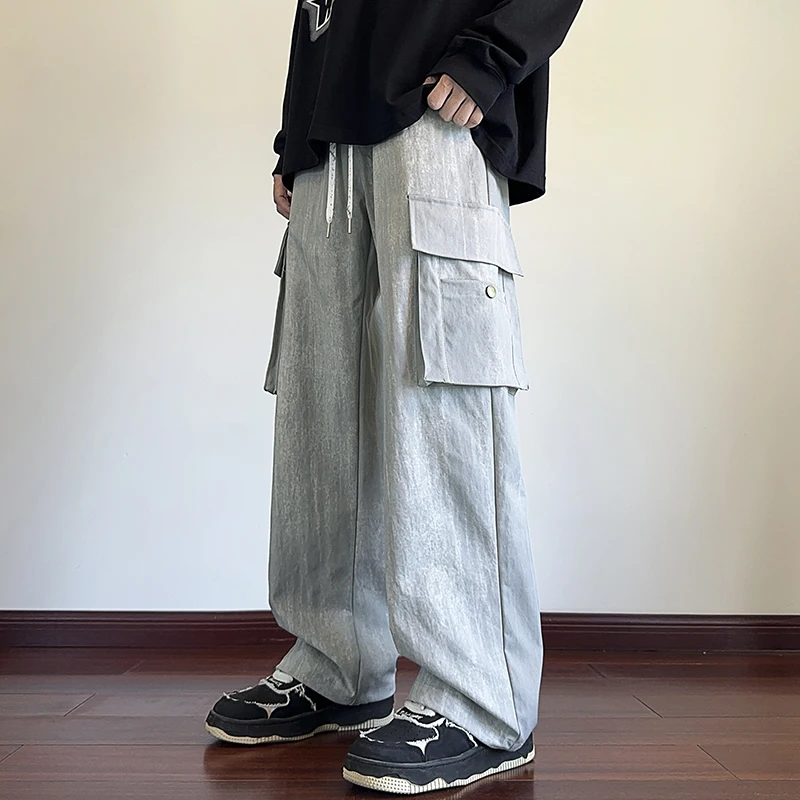 

Autumn Large Pockets Drawstring Pants Casual Solid Color Wide-legged Straight Pants Loose Fashion Women Men Clothing