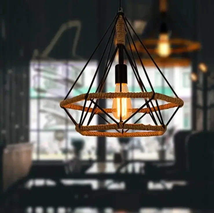 Nordic chandelier postmodern chandelier hemp rope diamond frame dining room hanging lamp creative retro home lighting