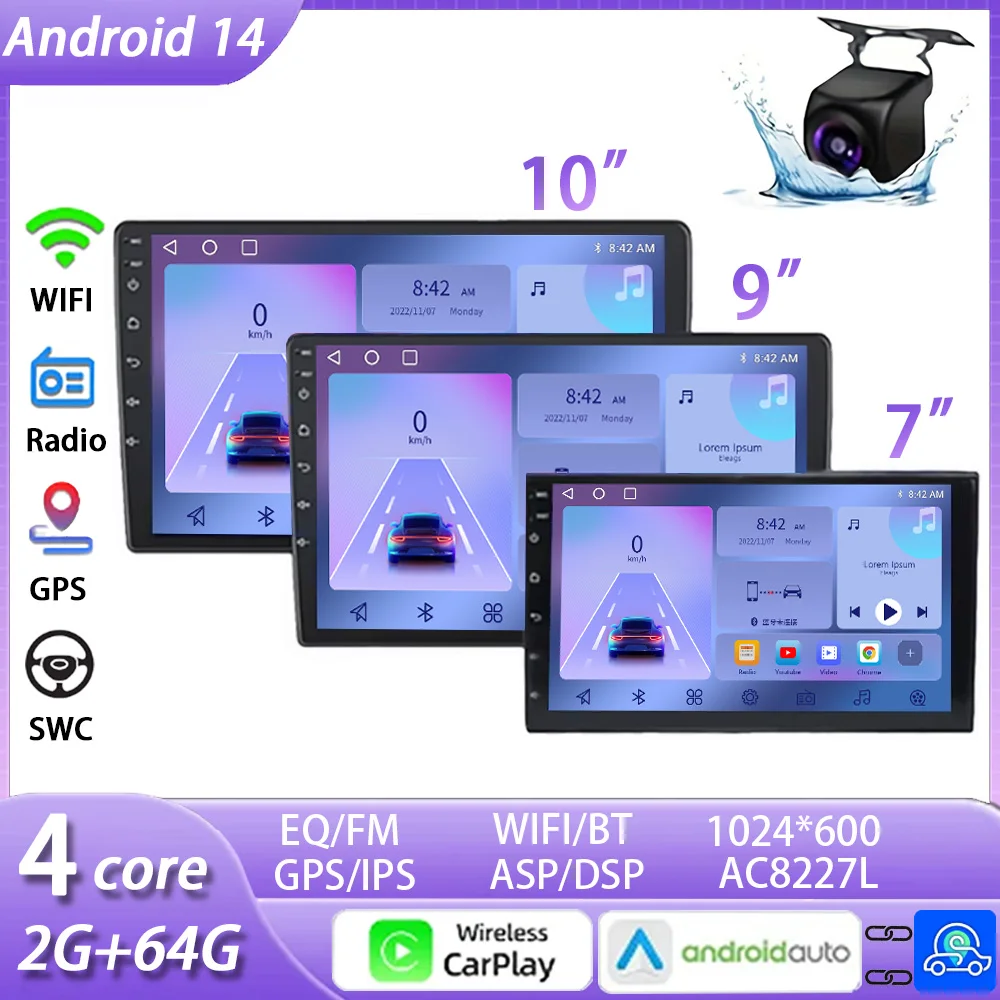 

7"/9"/10" 4core 2 Din Car Radio Androidauto Carplay Android 14 GPS Car Audio WIFI BT IPS DSP AHD Automotive Multimedia Player