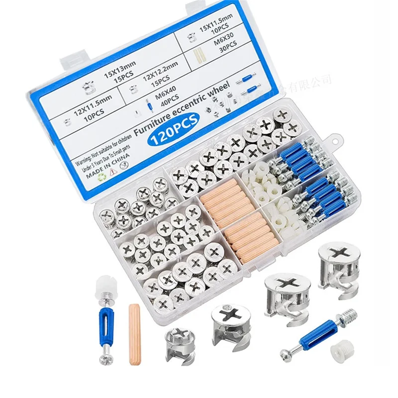 120PCS Furniture Cam Lock Fasteners Kit 3-in-1 Connectors Multi Size Cam Nuts Bolts Wood Dowel Pins Cabinet Hardware Set