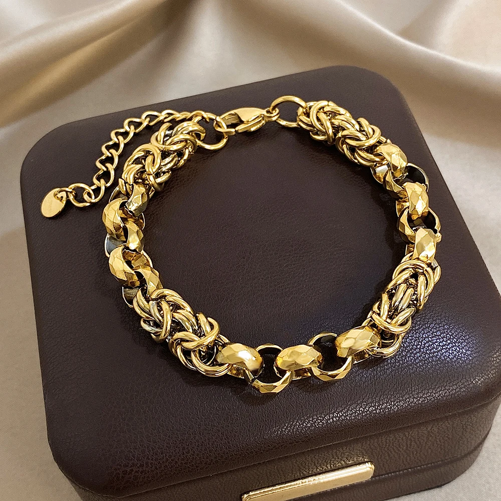 Flashbuy Chunky Gold Color Stainless Steel Bracelets Statement Fashion Design Twist Thick Chain Gold Plated Wristlet Jewelry