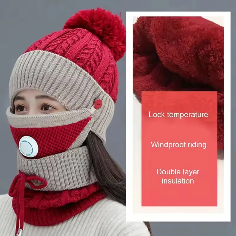 3PCS Winter Fashion Warm Scarf and Hat 3-Piece Set for Women Knitted Printed Skin Friendly Breather Valve Warm Earcup Accessory