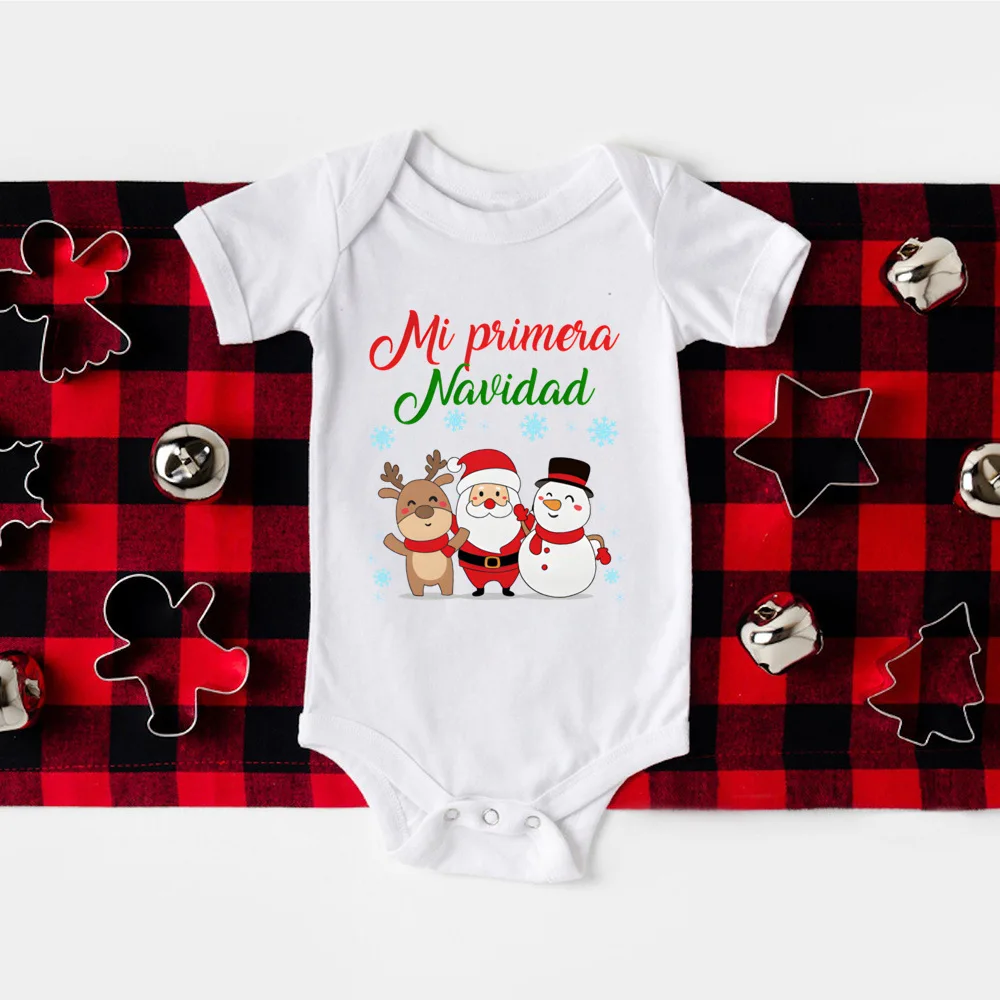 My First Christmas Newborn Bodysuit Baby Short Sleeve Romper Spanish Printed Infant Baptism Outfits Toddler Xmas Party Clothes