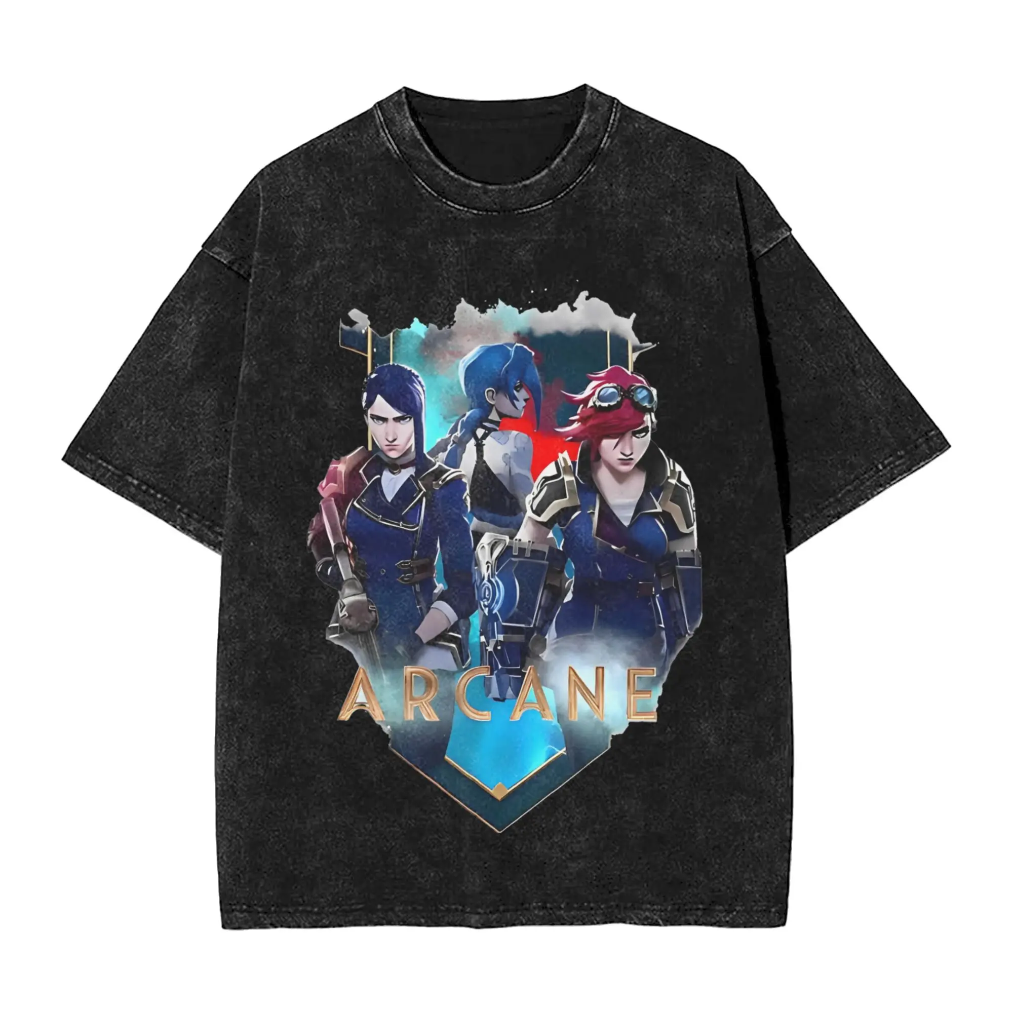 Jinx Caitlyn Viktor Jesus Vi Sevika Arcane T Shirt Men 100% Cotton Anime T-Shirt O Neck  Tees Short Sleeve Clothing Printing