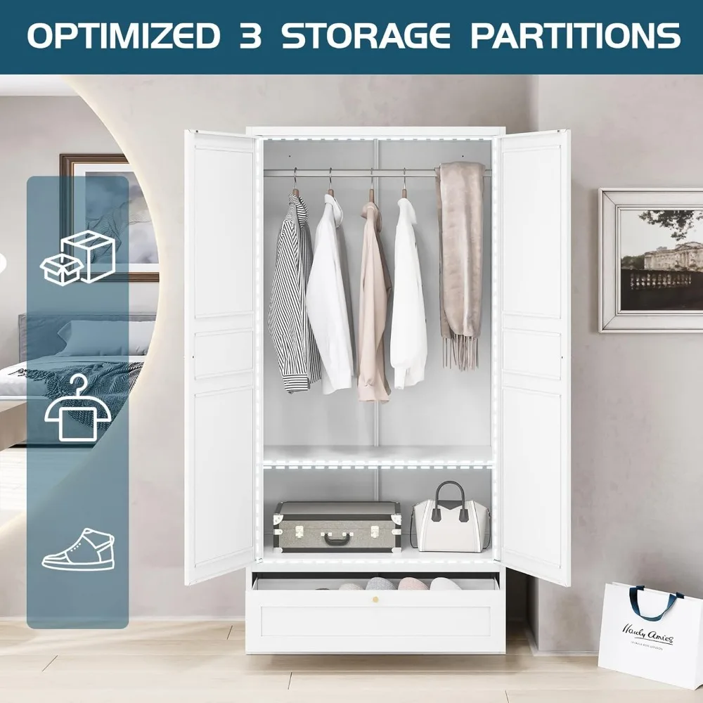 

Wardrobe Closet with Drawer, 2 Doors Clothes Cabinet, 72" Metal Storage Cabinets with Hanging Rod, Bedroom Armoires Laundry Roo