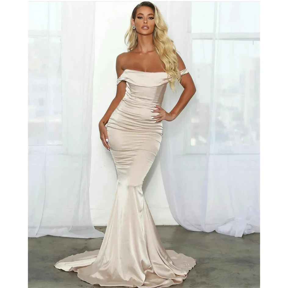 

Shiyicey Simple Elegant Long Off Shoulder Weddding Geust Mermaid Evening Dresses Satin Pleated Back Sweep Train Prom Party Dress