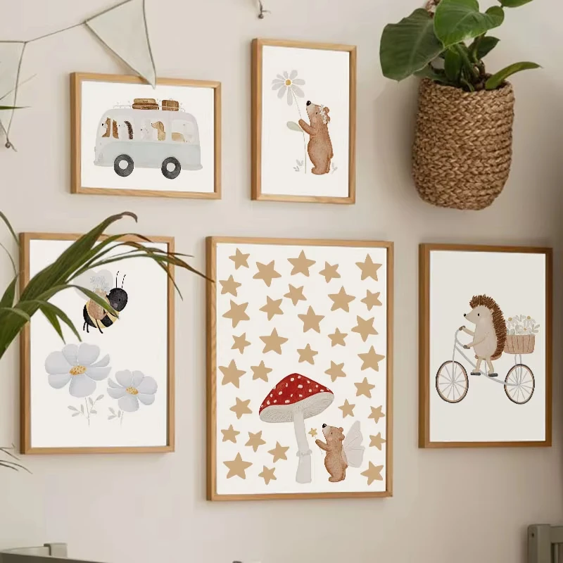 Boho Cartoon Bear Hedgehog Car Ship Balloon Posters Art Prints Canvas Painting Wall Pictures For Baby Kids Room Home Decoration