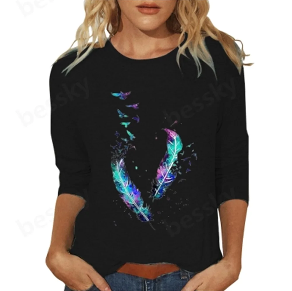 

Women's round neck printed seven quarter sleeve casual T-shirt top