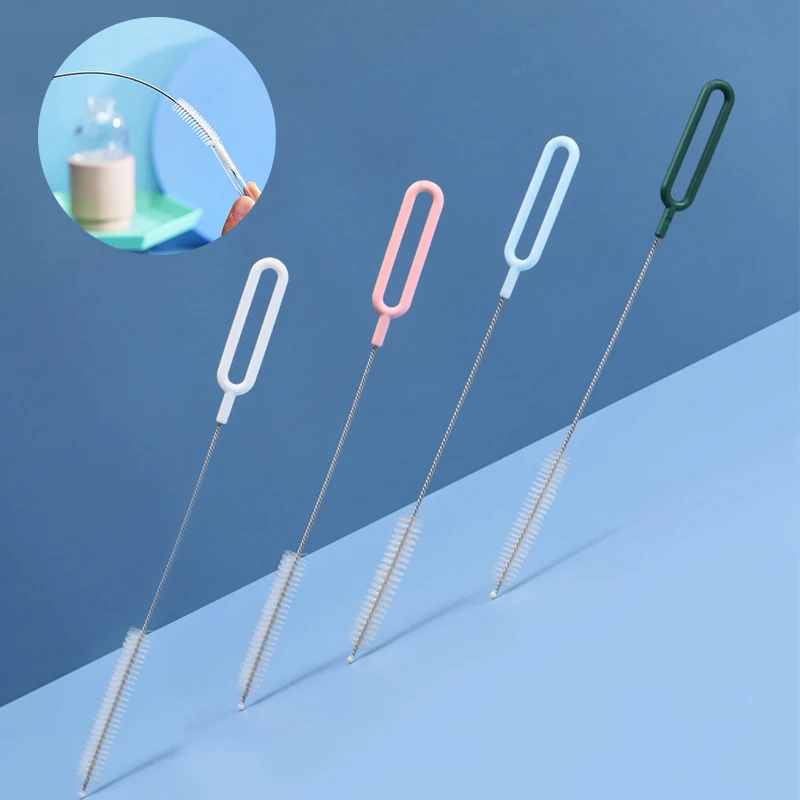 304 Stainless Steel Handle Nylon Hair Straw Cleaning Brush Reusable Bendable Straw Brush Simple Soft Bristle Bottle Cleaner
