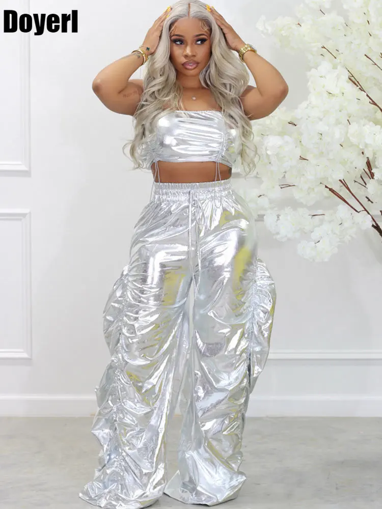 

Gold Sliver Metallic Birthday Outfits Women Two Peice Sets Club Party Crop Top and Pants Streetwear Hip Hop Rave Festival Outfit