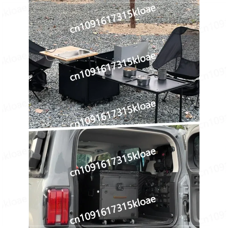 Outdoor Mobile Kitchen Car Multifunctional Kitchen Box Camping Picnic Grill BBQ Folding Table Portable Wheel