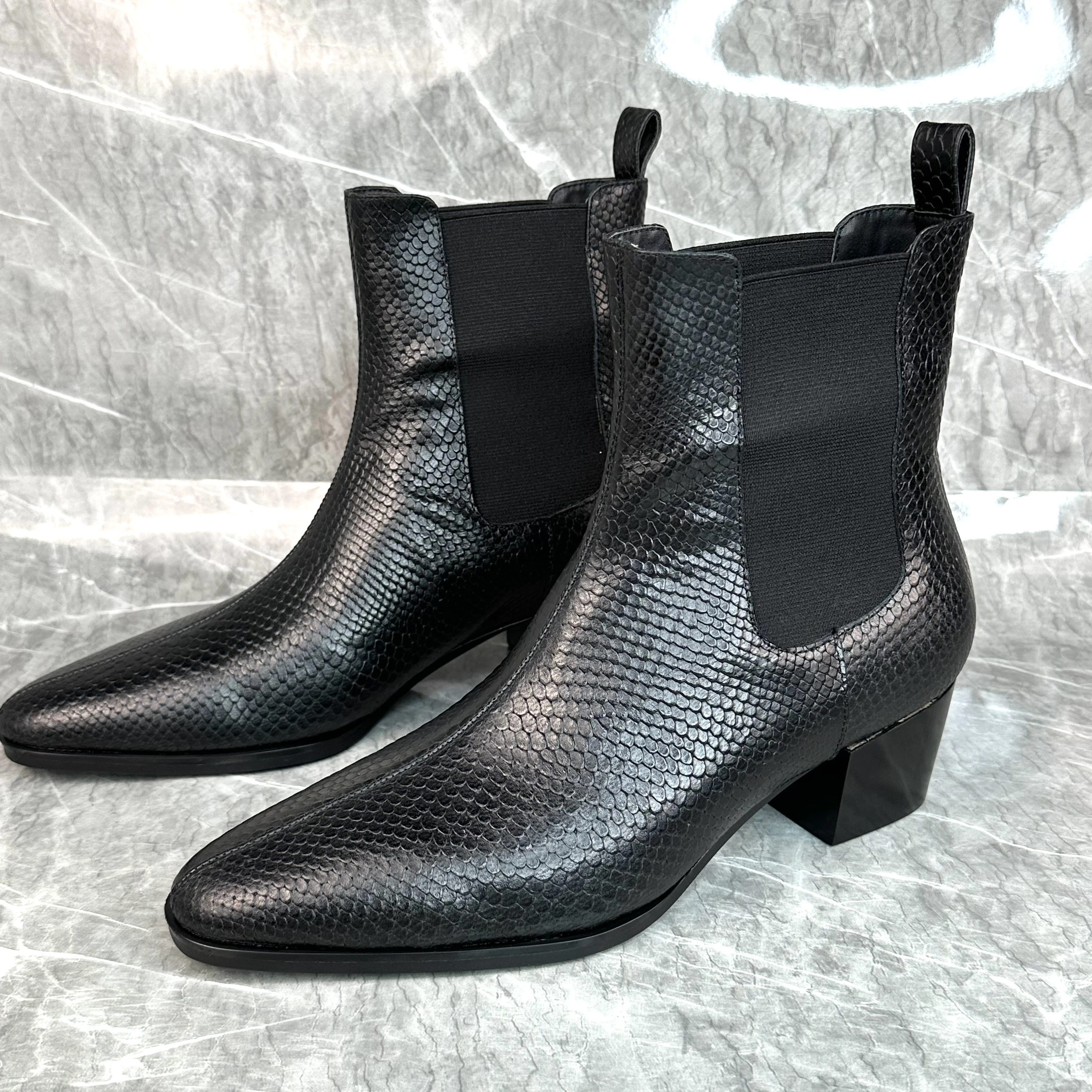 Snakeskin Western Style Chelsea Boots Men Pointed Toe Handmade Vintage Shoes Men Genuine Leather Short Boots Fashion Men\'s Shoes