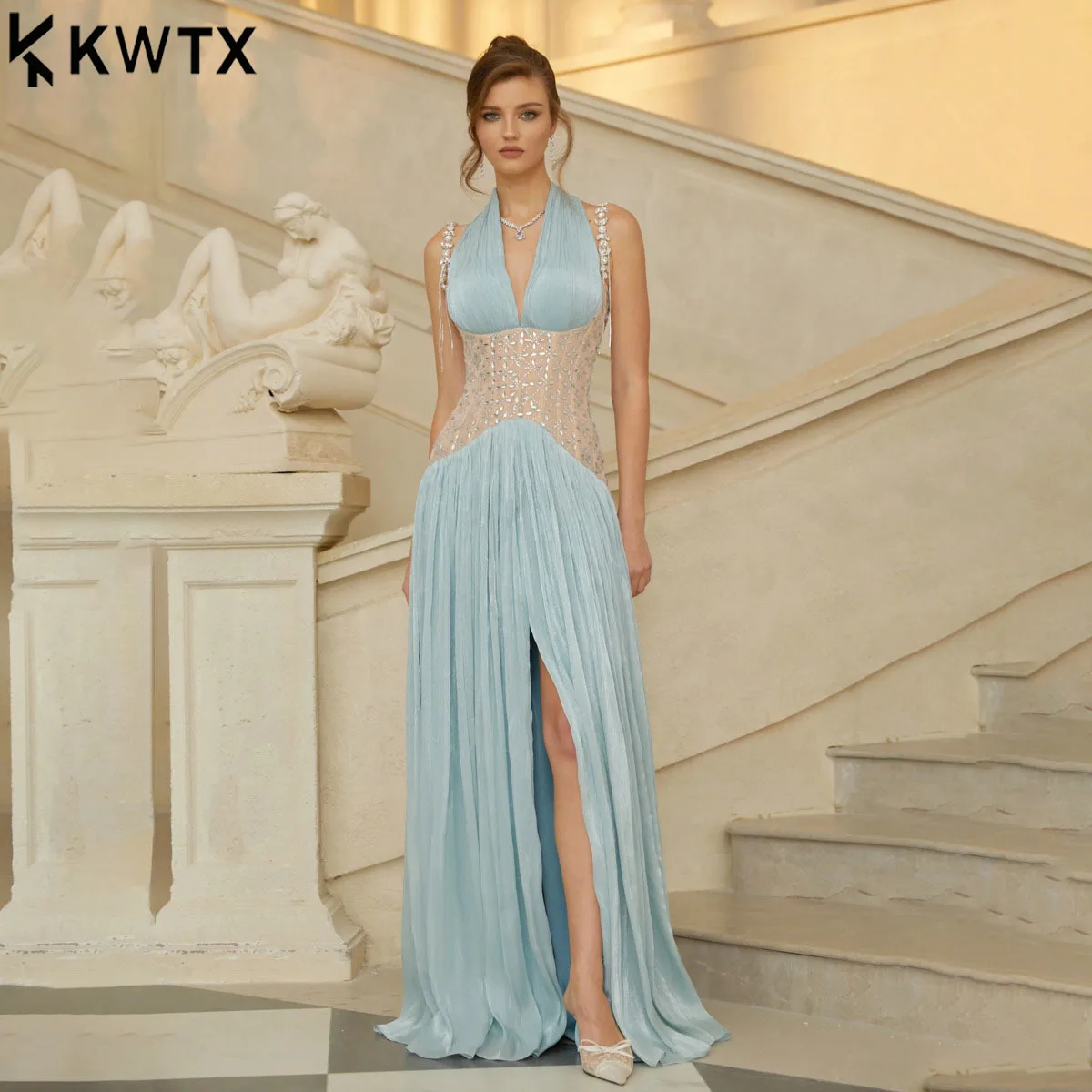 KWTX 2026 Dames Nieuwjaarsfeest Halter Hals Lange Jurk Elegant Kralen Uitgesneden Sexy Designer Lente Zomer Luxe Kantooravond