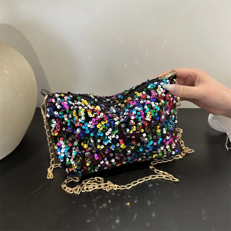 Bolso para axila con lentejuelas coloridas y versátiles de Color contrastante, nuevo bolso con cadena para mujer, bandolera de hombro a la moda, bolso cuadrado pequeño