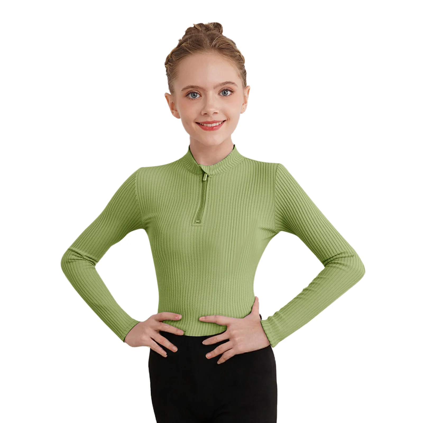 เสื้อเต้นบัลเลต์แจ๊สสำหรับเด็กผู้หญิง แขนยาว คอตั้ง มีรูสอดนิ้วโป้ง แบบสวมหัว มีซิป สีพื้น เรียบง่าย สไตล์ลำลอง