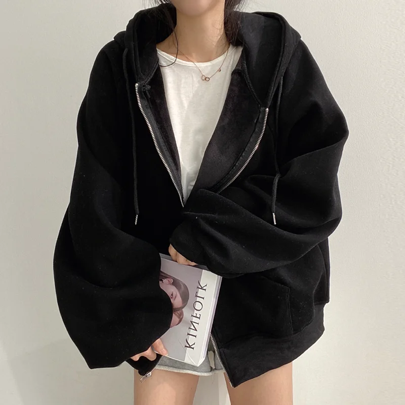 Chic Autumnal Lazy Sle Con cappuccio Cerniera ket Design Allentato Casual Lungo Sve Felpa Jaet Capispalla Faion da donna