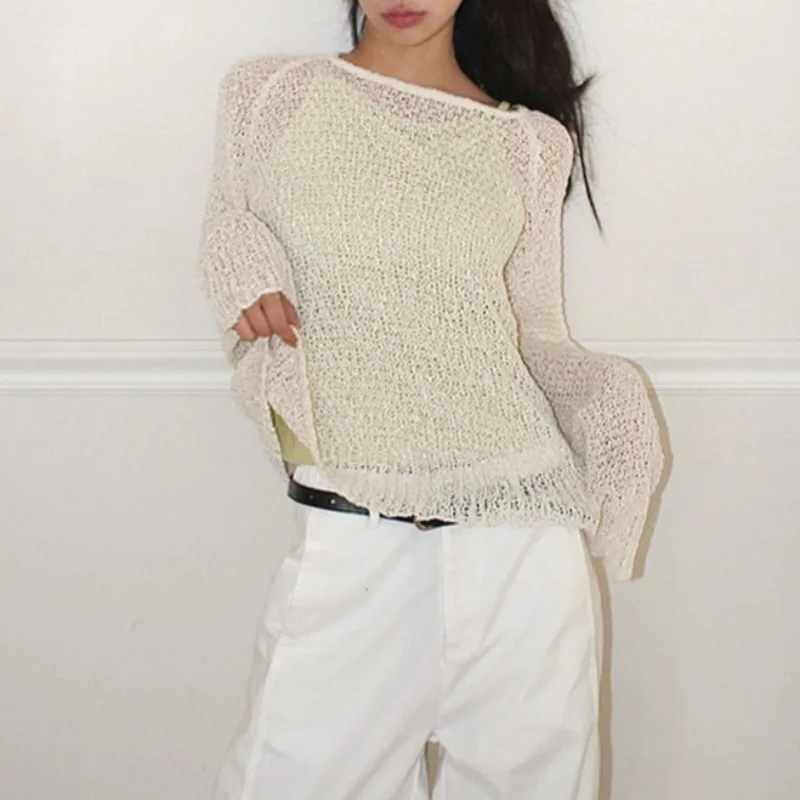 

Korean Style Thin Hollow out Sexy Osmanthus Needlework Bobble Shoulder Open Back Long Loose Knitted Sweater for Women