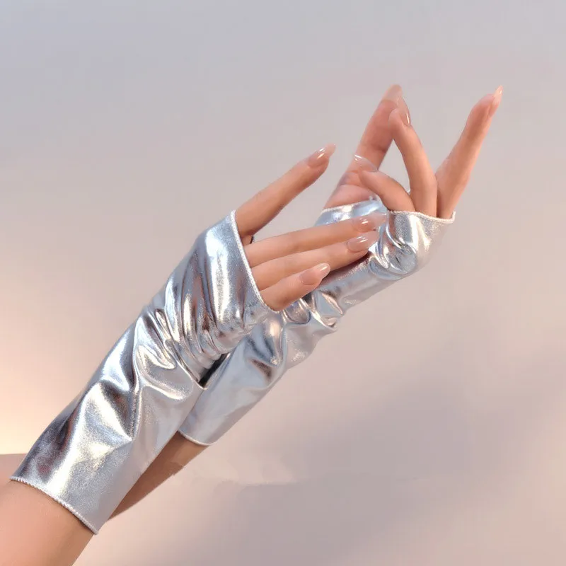 Sexy Punk Faux Patent Leather Gloves Shiny Short Arm Sleeves Women Men Party Show Gloves Half Finger Mittens Fingerless Gloves