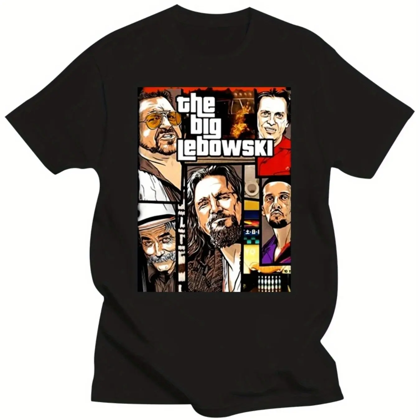

Plus Size Men'S T-Shirt - "The Big Lebowski" Vintage-Inspired Black & White Short Sleeve Tee, Casual Streetwear Fashion