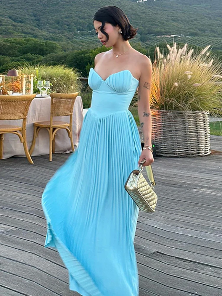 JULISSA MO Sexy Strapless Zipper Pleated Women Maxi Dress Blue Backless Evening Dress Femme Summer Skinny Elegant Party Clubwear