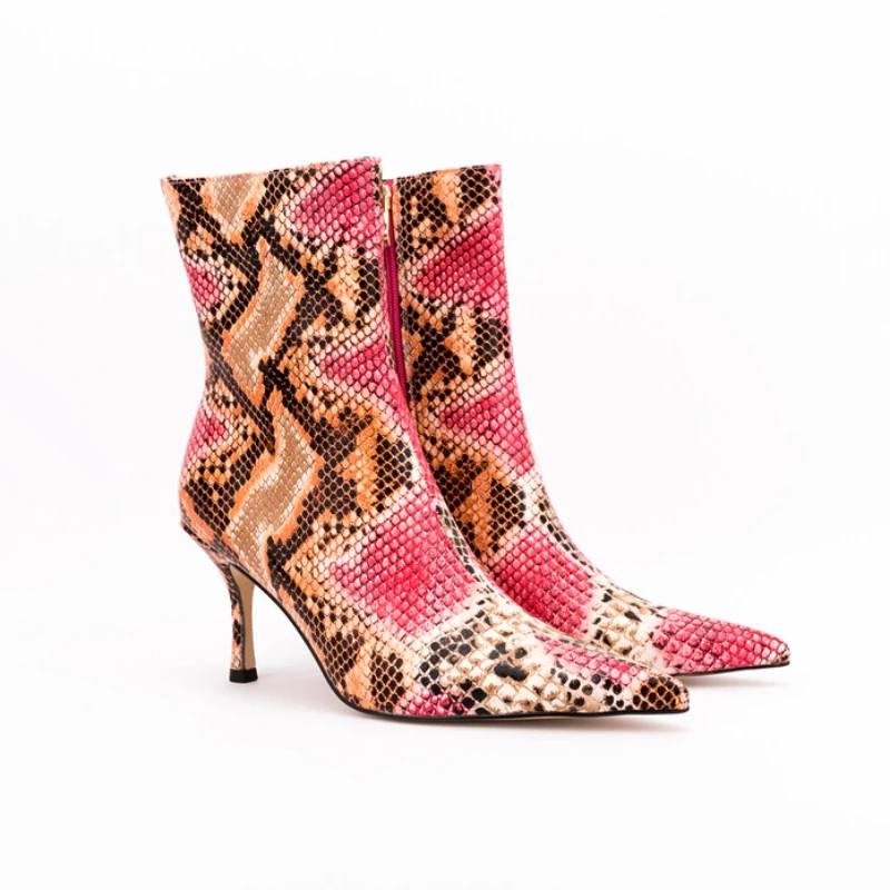 2022 New Big Size 45 Autumn Winter Women Short Boots 6.5cm High Heel Short Plush Black Red Snake Ankle Boots Brand Women's Shoes