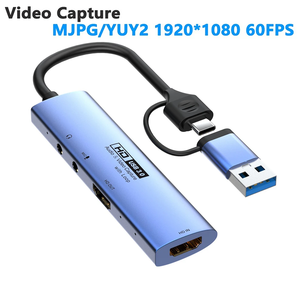 USB3.0 Type-C Video Capture YUY2 1080P 60FPS Recording with 4K30Hz HD Loop Out for Camera PC PS4 Gaming Live Streaming Broadcast