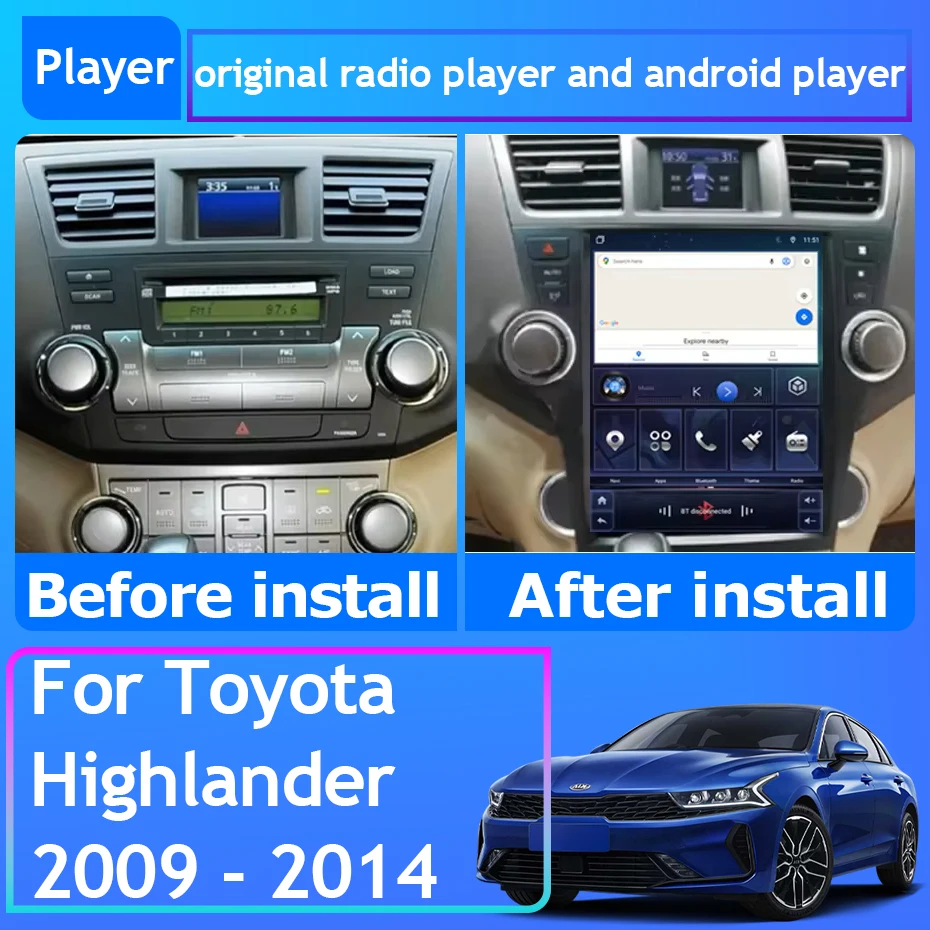 Car Radio 9.7 Inch Tesla Style For Toyota Highlander 2009 - 2014 Navigation GPS Android Auto Carplay Stereo Cam Unit 4G No 2din