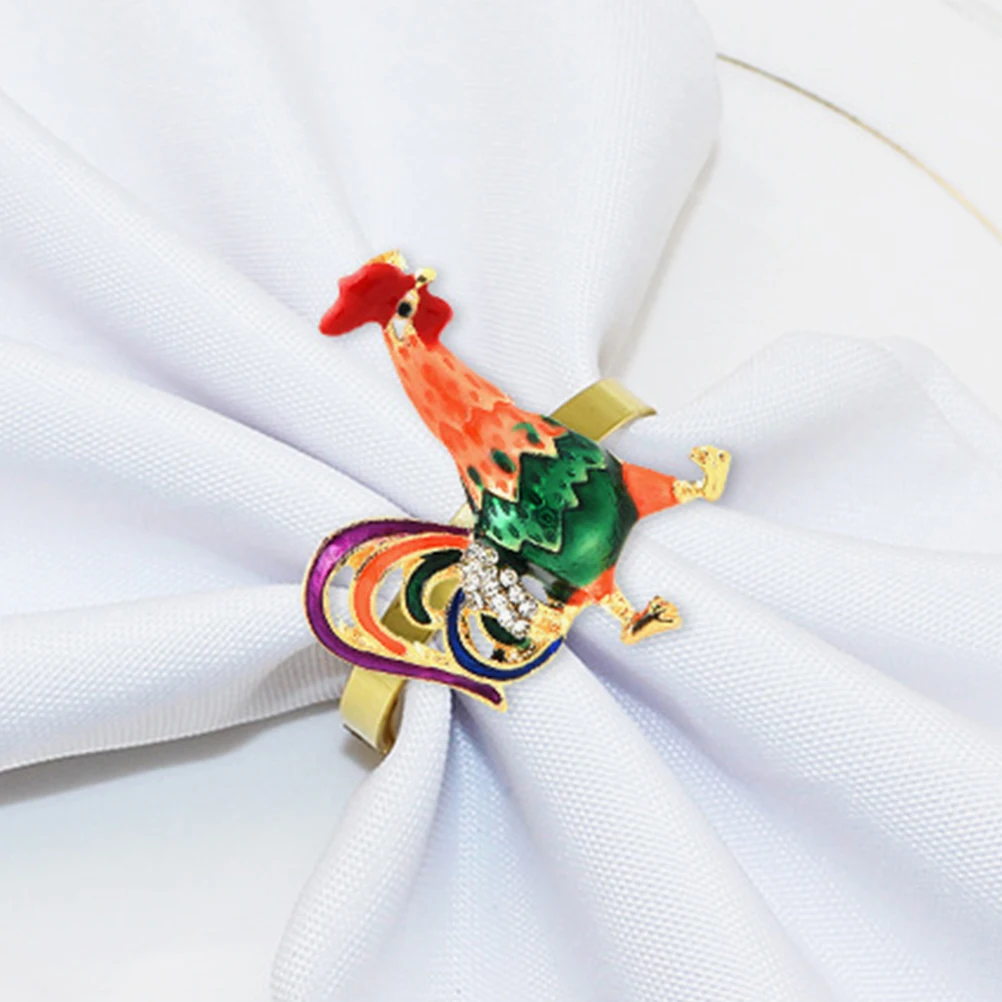 

4pcs Napkin Rings Alloy Reusable Serviette Buckles Decorative Table Dining Party Accessories Rhinestone Rooster for Formal