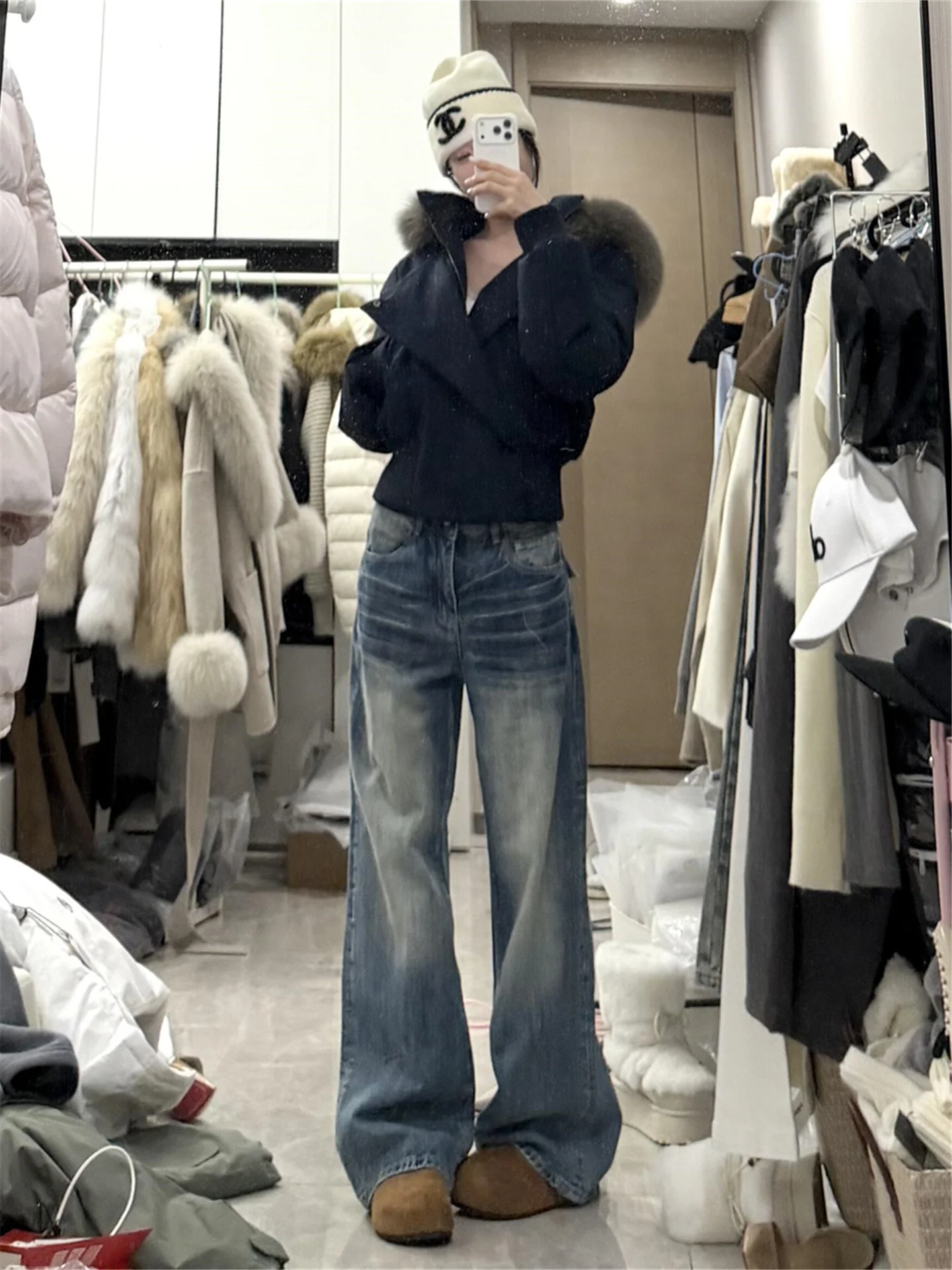 

American Vintage Low Waist Wide Leg Jeans Women Loose Slimming Extended Floor-Length Pants Casual Wash Cotton Zipper