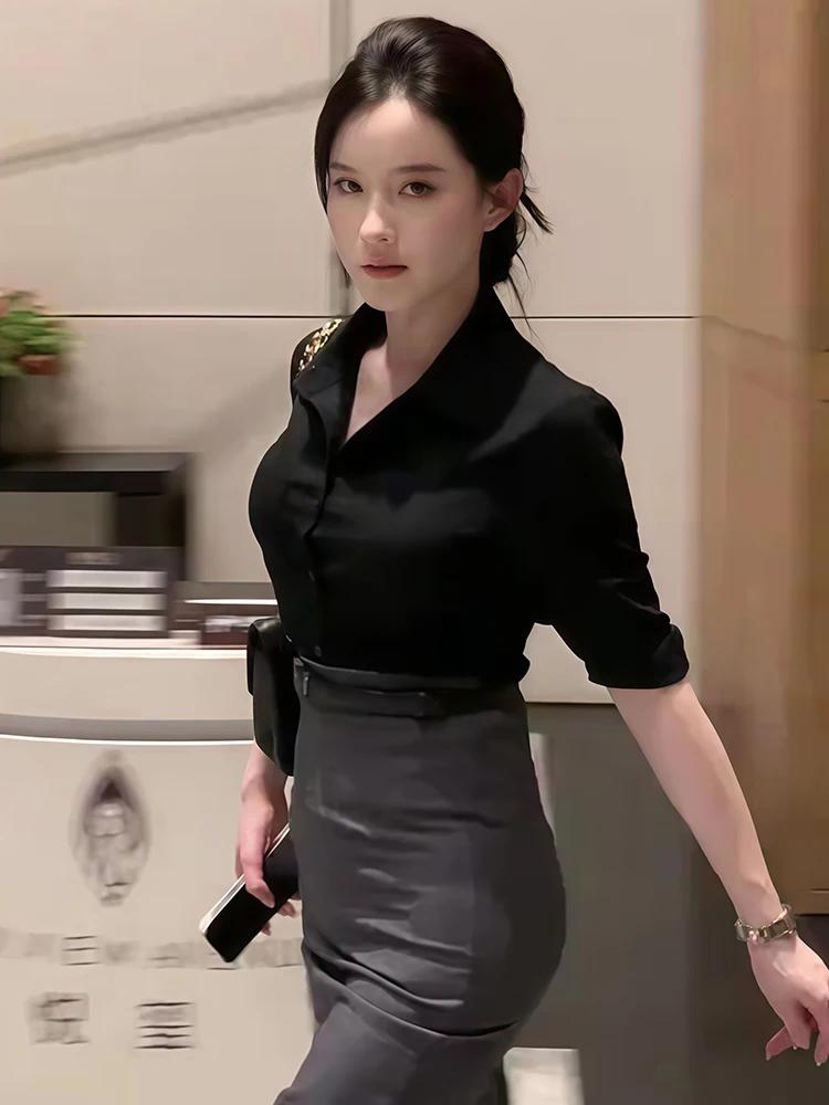 Slim Fit Lightweight Long Sleeve Black Shirt for Women Elegant Anti-Wrinkle Business Casual Spring Summer Fashion Polyester F...