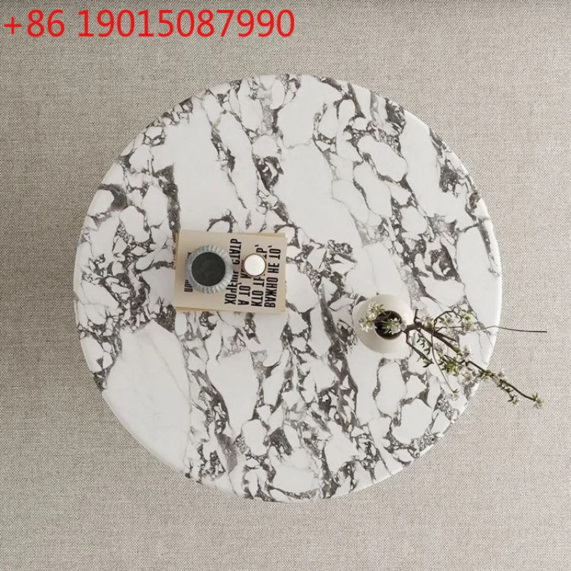 

French Cream Style Natural Marble Coffee Table, Oval Round Italian Lacquered Top & Stainless Steel Frame, Heat-Resistant