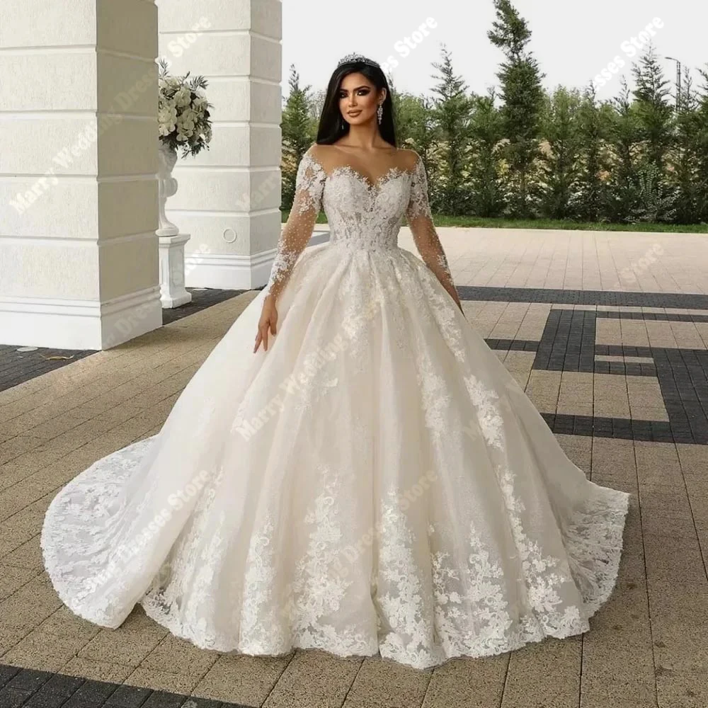 

Fascinating Women A-Line Wedding Dresses Sexy Lace Long Sleeves Tulle Bridal Gowns Engagement Banquet Robes De Mariee Customized
