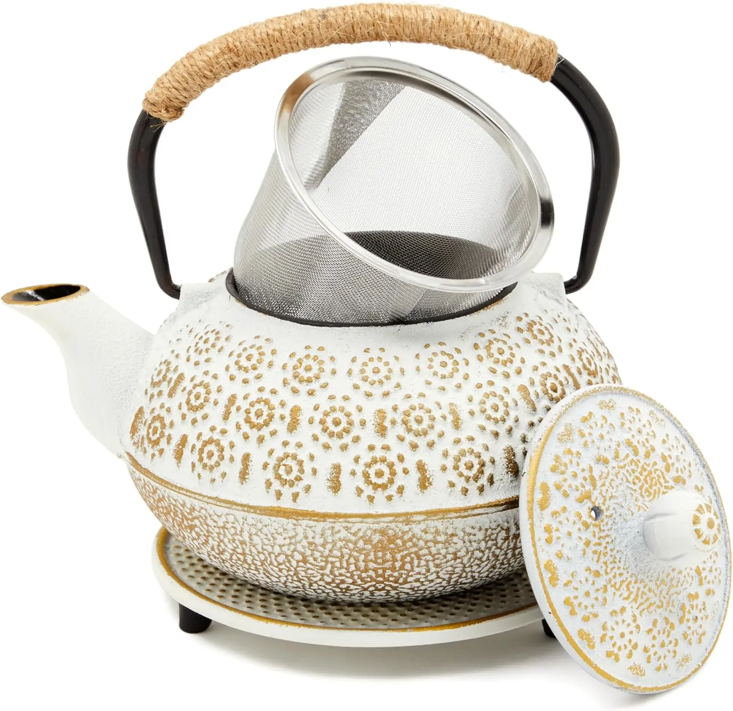 

Cast Iron Tea Kettle with Infuser - Superior Heat Retention, 800ml Capacity, White Finish for Stovetop Use