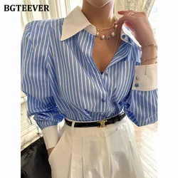 BGTEEVER Fashion Lapel Patchwork Striped Blouses Women Tops Long Sleeve Single-breasted Loose Female Shirts Spring Blusas