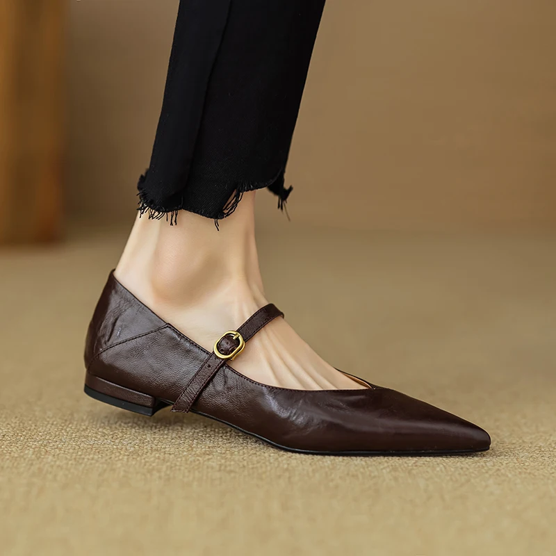 Pointed Toe Simple Shoes Women Flats  French Style  One Strap Sheepskin Women Shoes New Spring Atumn Slip On Simple Shoes