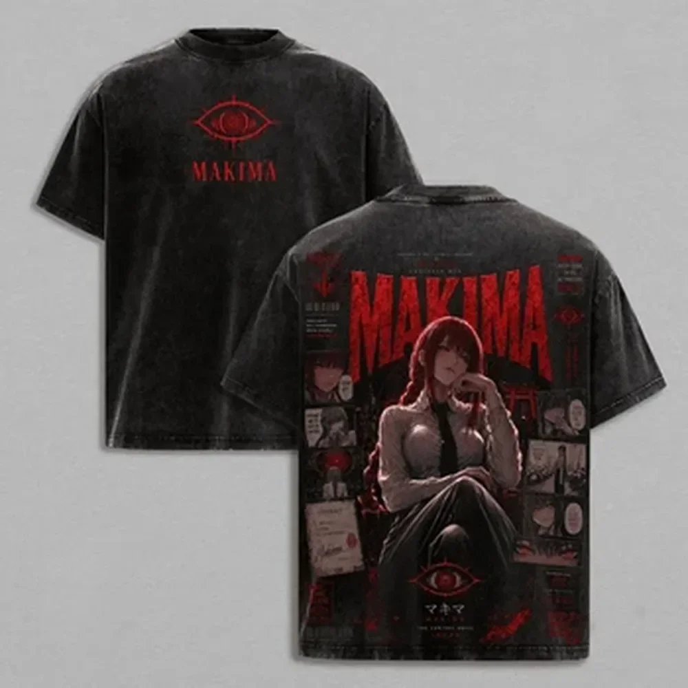 Makima Chainsaw Man Anime T-shirt Manga Vintage Washed T Shirt Men Unisex Clothing Summer Street Fashion Cotton Tees Clothes