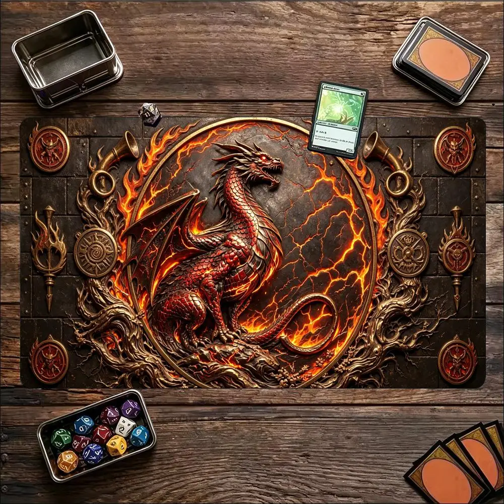 Extended XL Mousepad Red Dragon Emblem Vintage Stitched Edges Anti-Slip Base Large Keyboard Mat for PC Gamer Card Game Mat