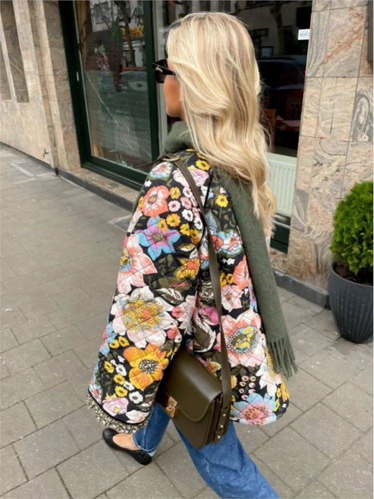 المرأة عادية الأزهار طباعة سترة فضفاضة معطف القطن الخريف الشتاء طويلة الأكمام معطف مبطّن امرأة الدافئة أبلى سترات خمر