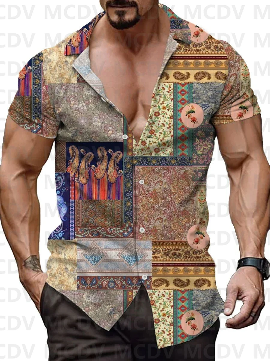 

Men's Vintage Pellis Print Casual Short Sleeve Shirt 3D Printed Men's Button Shirt Hawaiian Shirts