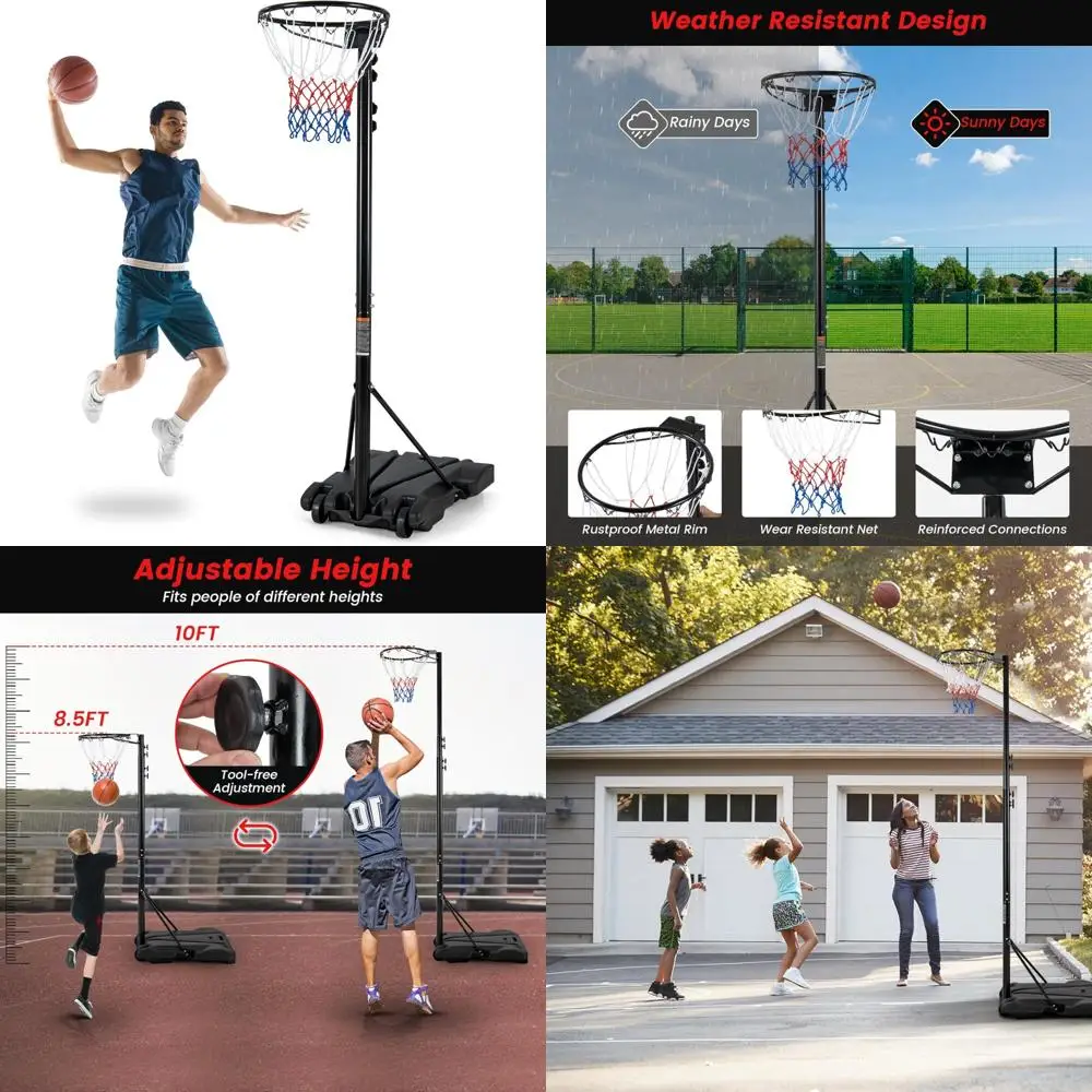 

adjustable outdoor basketball hoop system with filled base and smooth wheels, weather resistant, portable for all ages